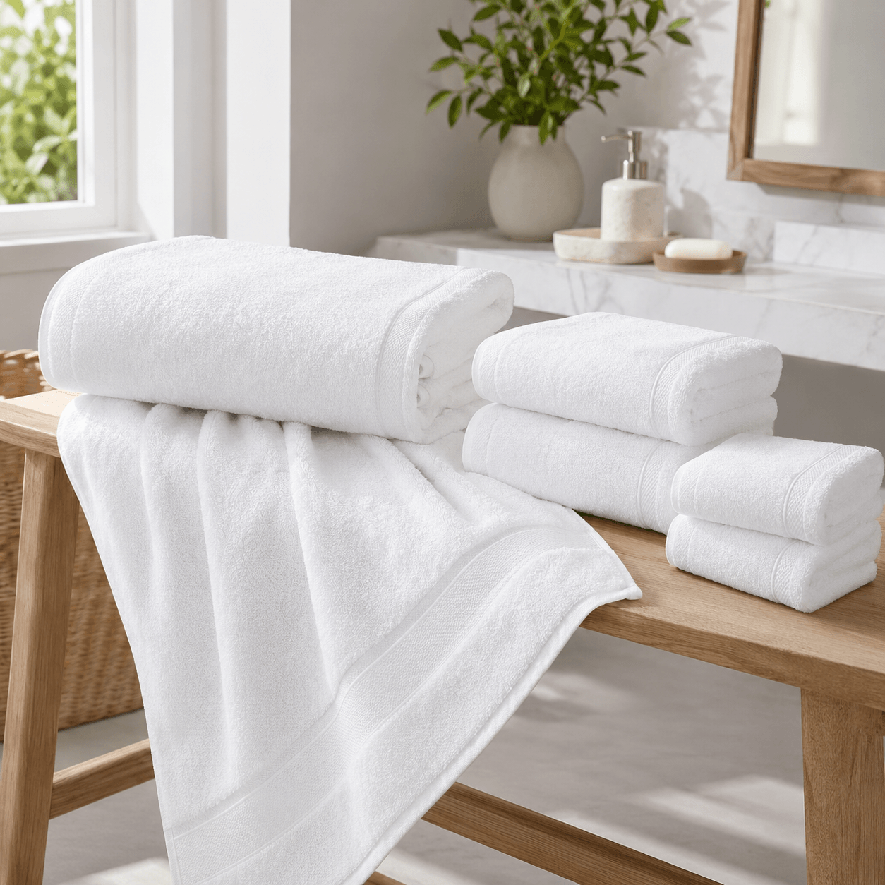 Aarniva hotel cotton towel set displayed on a wooden table, featuring bath, hand, and face towels in classic white.