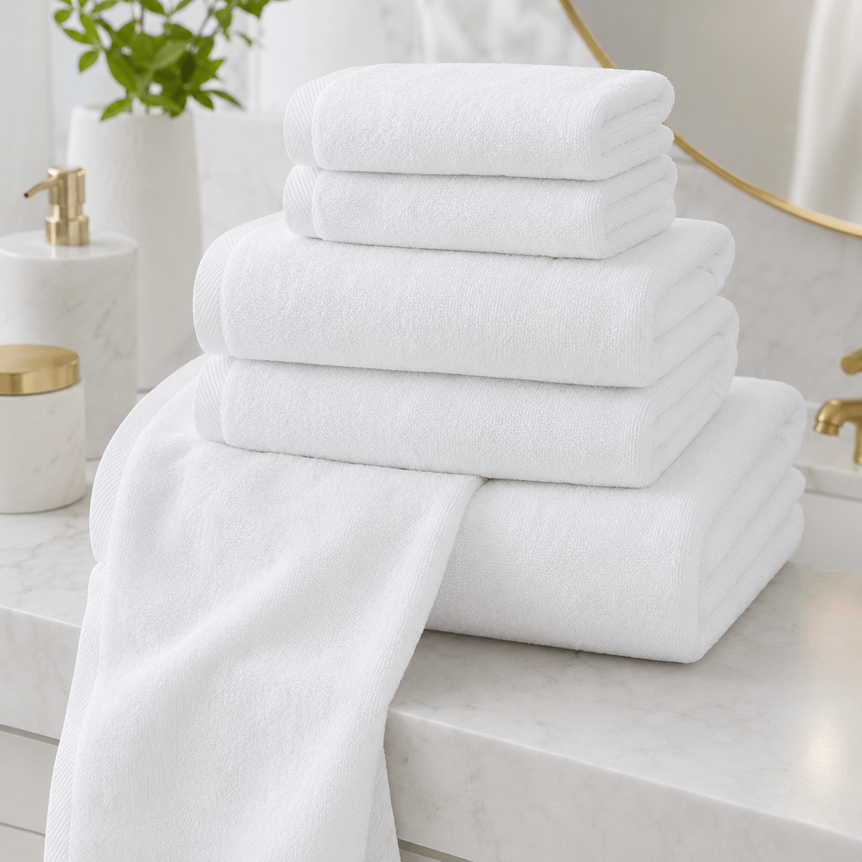 Aarniva hotel cotton towel set displayed in classic white on a bathroom countertop.
