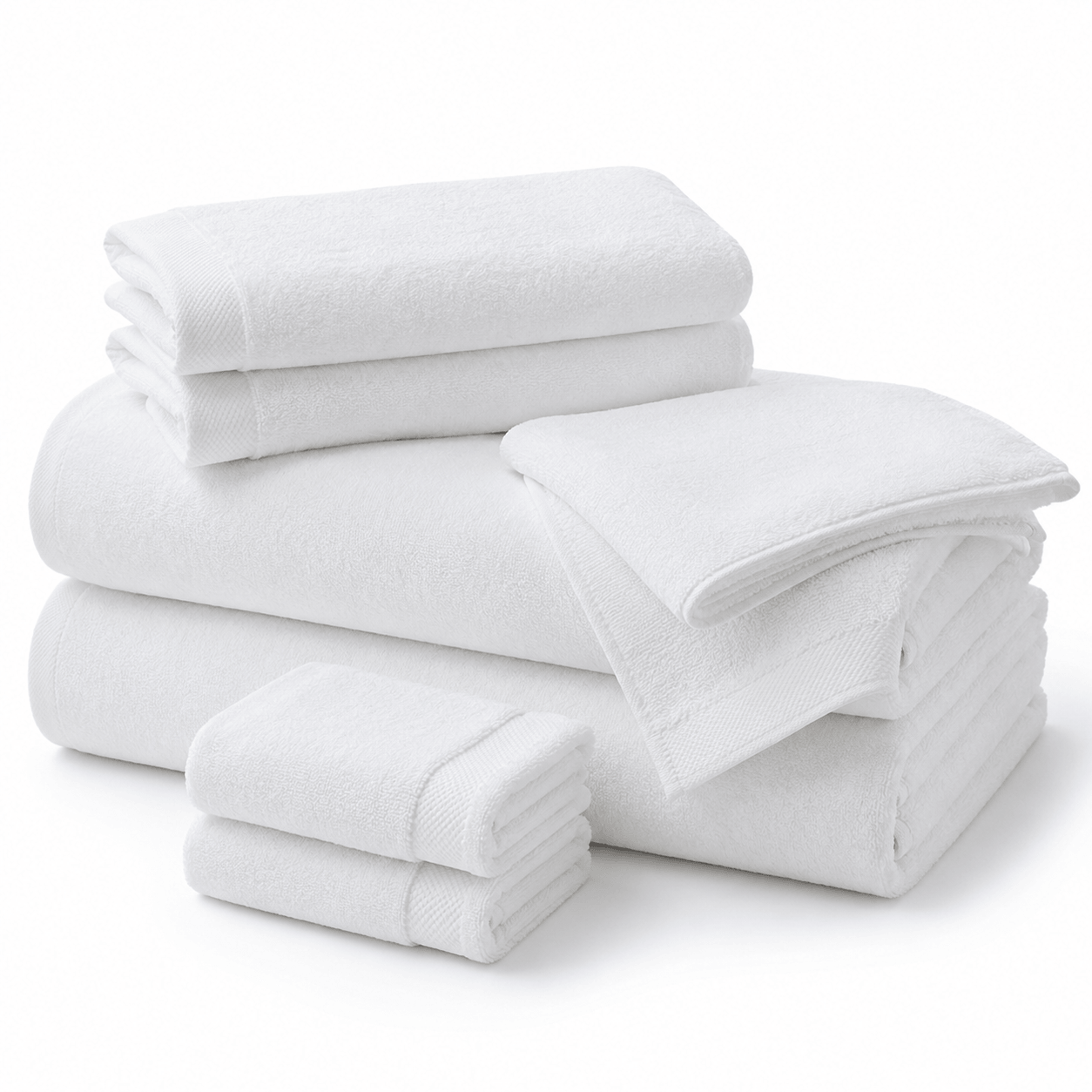 Aarniva hotel cotton towel set featuring bath, hand, and face towels in classic white, arranged for display.