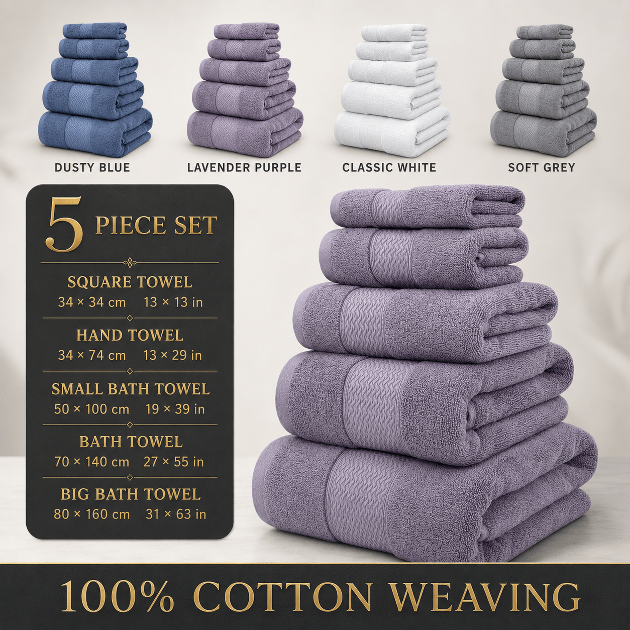 Aarniva cotton jacquard towel set showcasing a 5-piece collection in lavender purple, highlighting softness and absorbency.