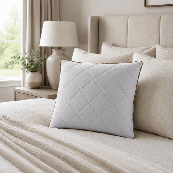 Aarniva Cubic Quilted Pillow | 27 x 17 in | Soft & Supportive | Solid Colors on a bed with neutral decor.