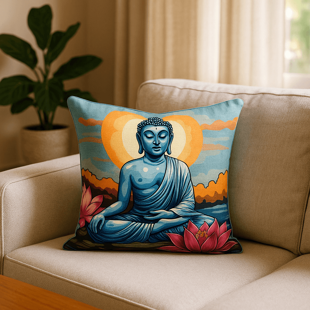 Artistic decorative throw pillow featuring meditating Buddha design in turquoise and pink lotus on sofa.