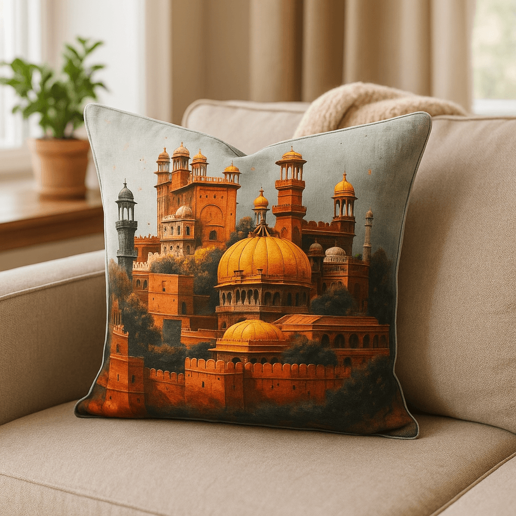 Aarniva artistic decorative throw pillow with heritage palace design in aqua, adding cultural flair to any living space.