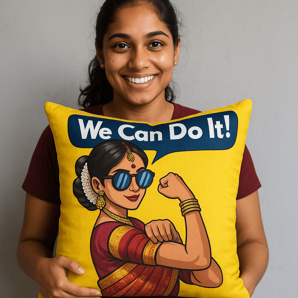 Aarniva artistic decorative throw pillow with Empowerment Pop Art design, featuring a woman with sunglasses and bold colors.