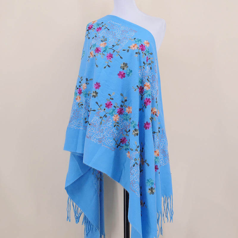 Aarniva Embroidered Faux Cashmere Shawl | Long Warm Wrap Scarf | Soft & Thick Fabric | Floral Tassel Design | Ethnic Style in blue.