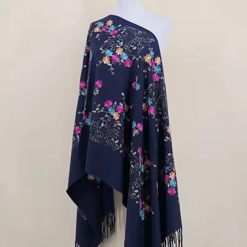 Aarniva Embroidered Faux Cashmere Shawl | Long Warm Wrap Scarf | Soft & Thick Fabric | Floral Tassel Design | Ethnic Style in Navy color.