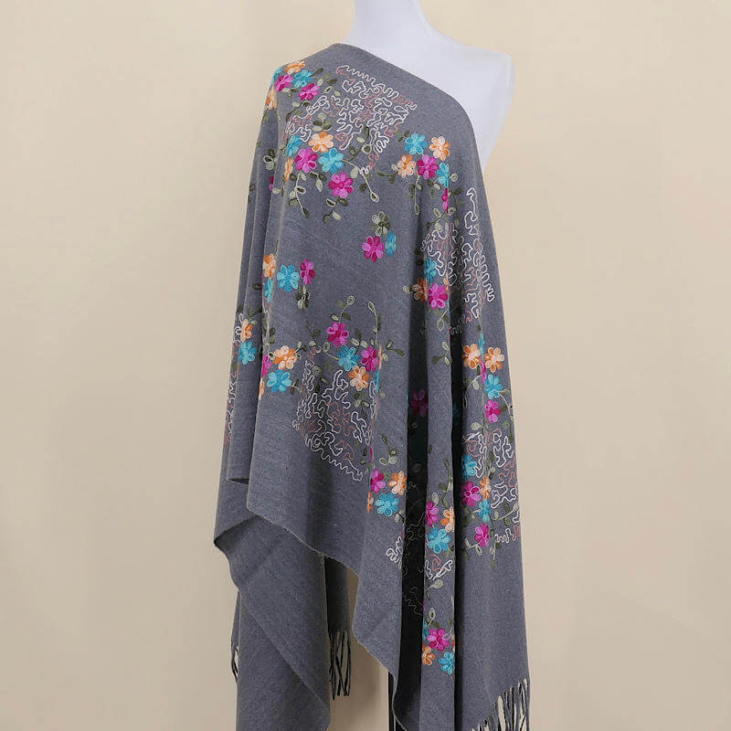 Aarniva embroidered faux cashmere shawl in grey with floral tassel design, warm wrap scarf for cozy elegance.