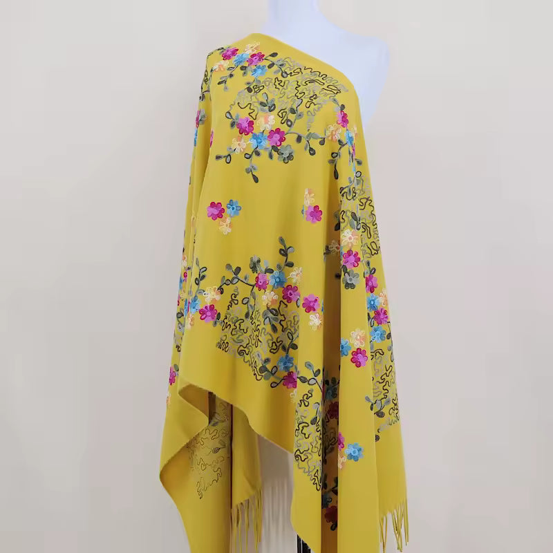 Aarniva Embroidered Faux Cashmere Shawl | Long Warm Wrap Scarf | Soft & Thick Fabric | Floral Tassel Design | Ethnic Style in yellow.
