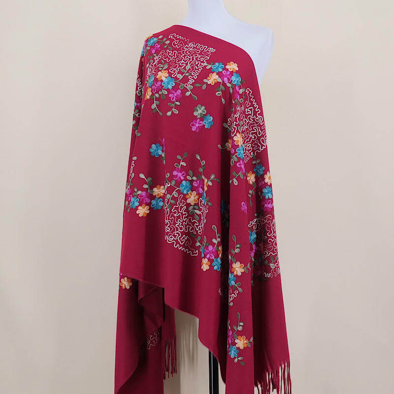 Aarniva embroidered faux cashmere shawl in red with floral tassels, soft long wrap for warmth and style.
