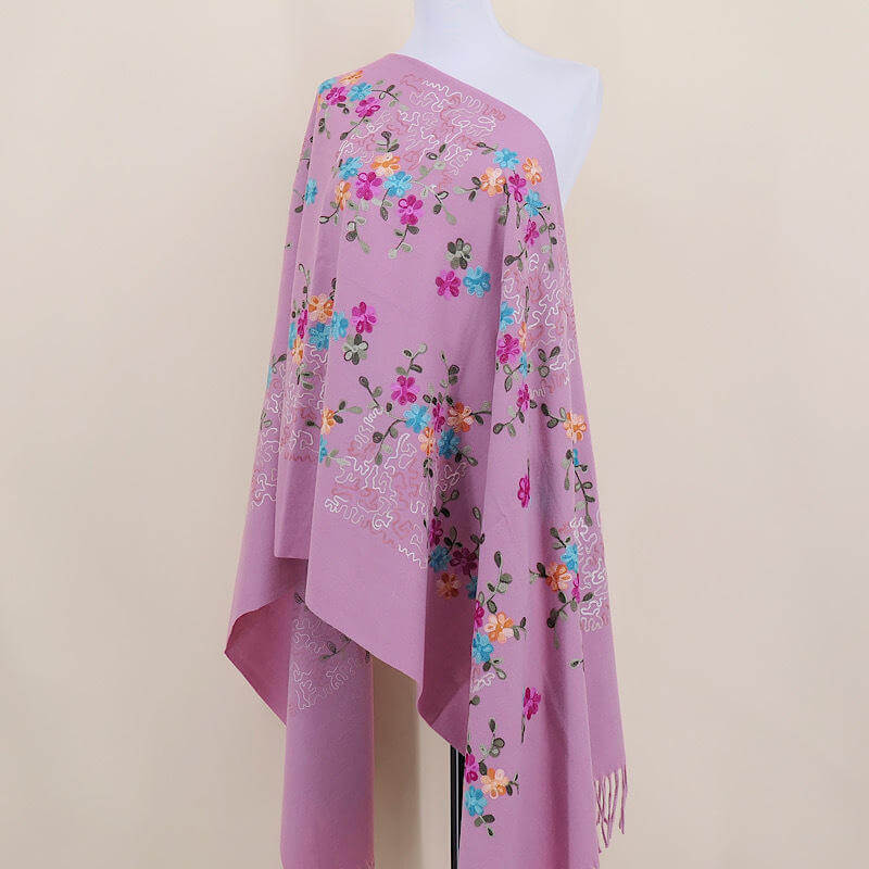 Aarniva Embroidered Faux Cashmere Shawl | Long Warm Wrap Scarf | Soft & Thick Fabric | Floral Tassel Design | Ethnic Style in pink.