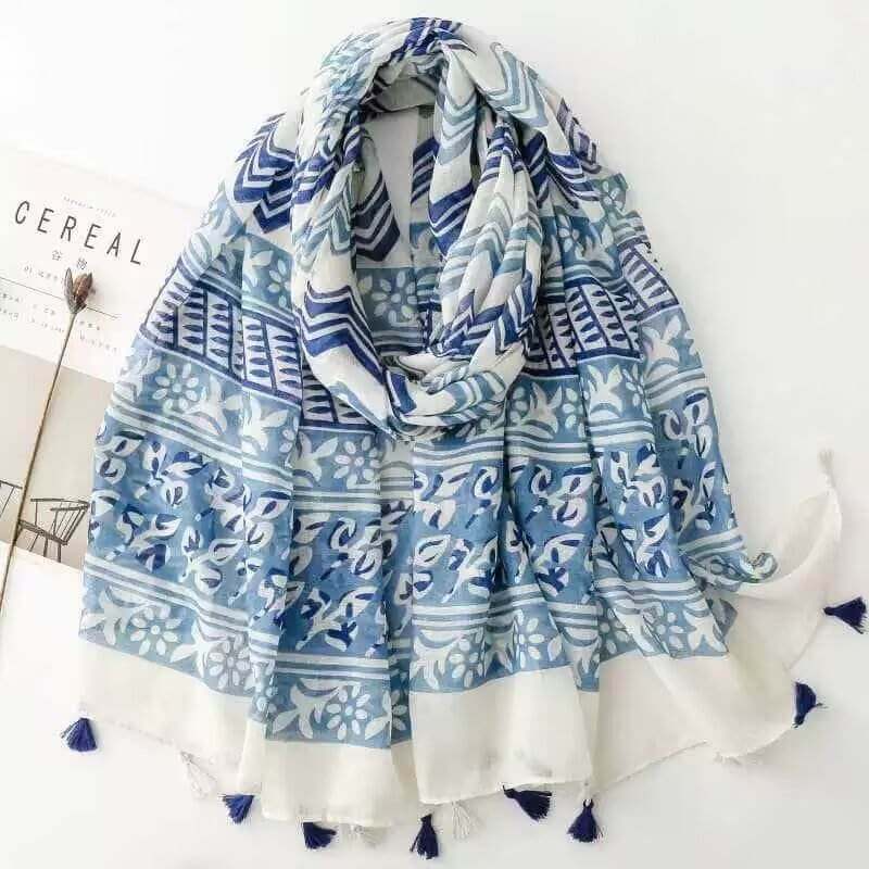Aarniva Ethnic Jersey Shawl | Long Leaf Print Wrap Scarf | Breathable Quick-Dry Fabric | Sunshade Travel Hijab in light blue and white.