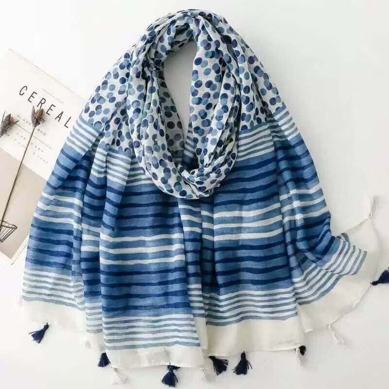 Aarniva ethnic leaf print travel shawl in blue stripes, lightweight breathable fabric, ideal for travel and outdoor use.