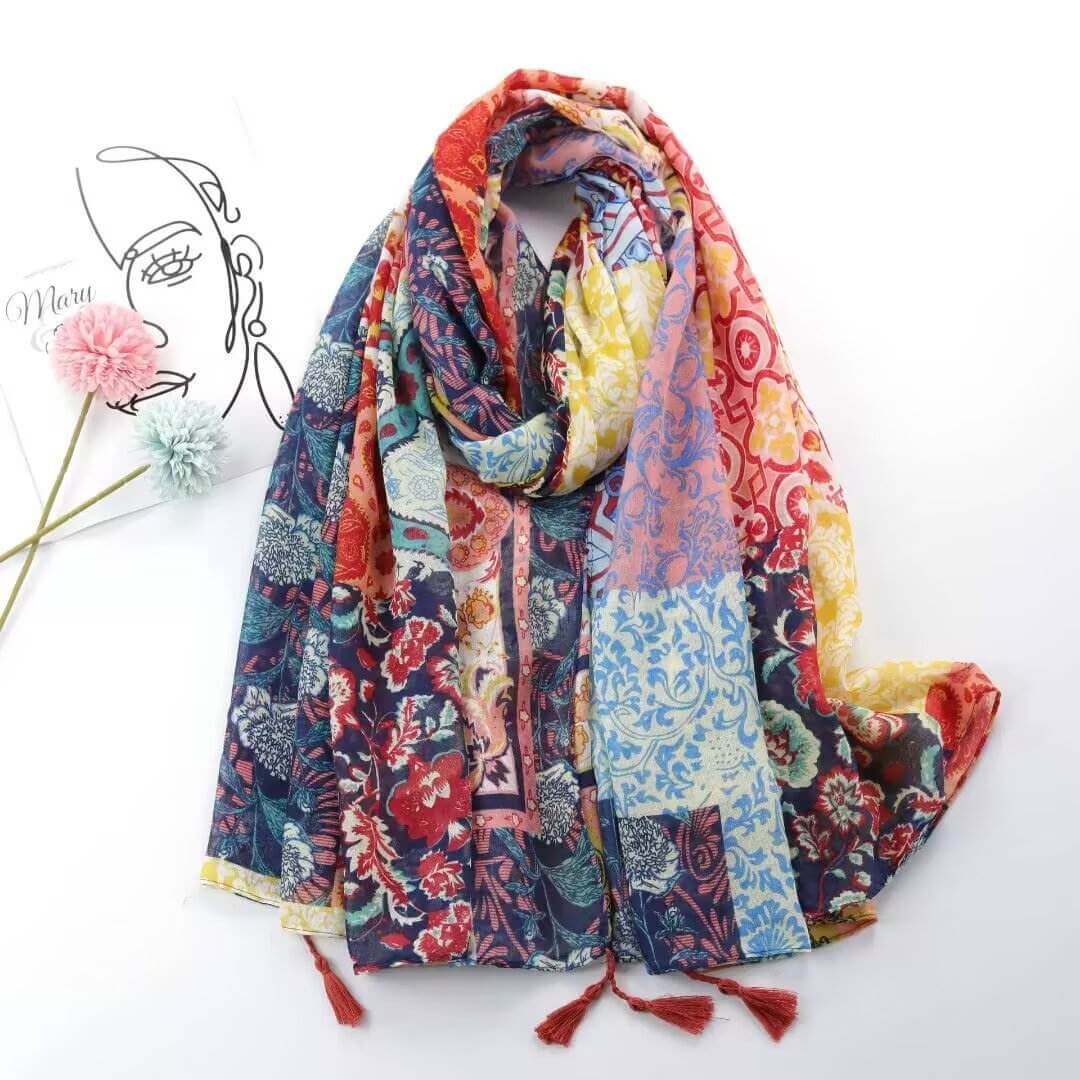 Aarniva ethnic leaf print travel shawl in multicolor floral design, lightweight jersey fabric for outdoor comfort and style.