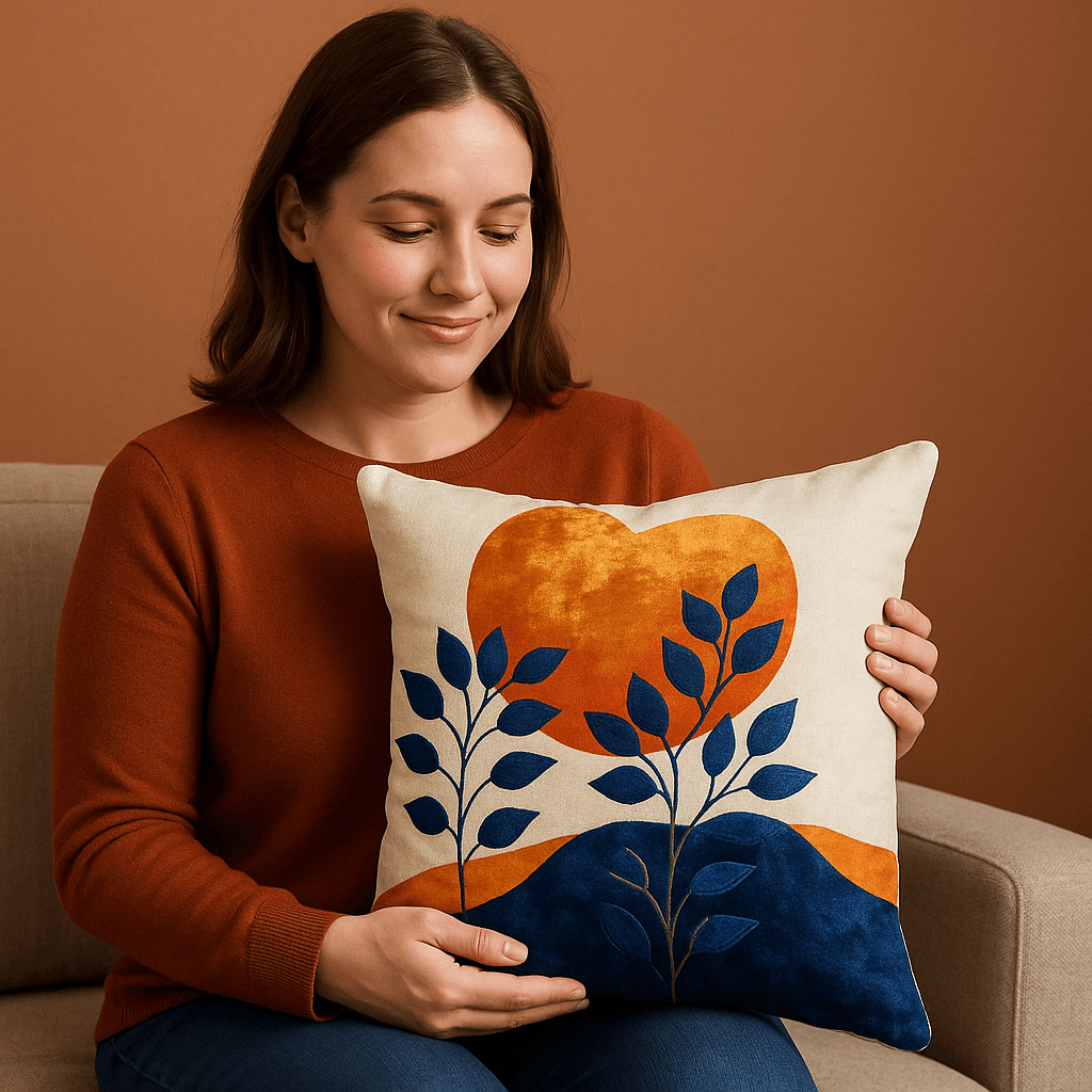 Aarniva decorative throw pillow square cushion with blue leaves sunset design held by a woman in a casual setting.