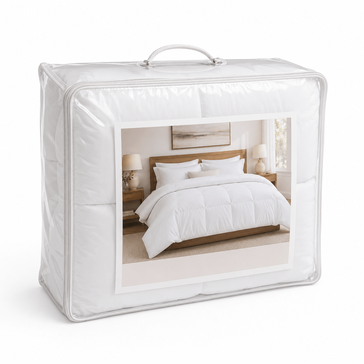Aarniva Hotel Comforter | Twin/Queen/King | Ultra-Soft Microfiber | Classic White | Luxury Hotel Collection in packaging.