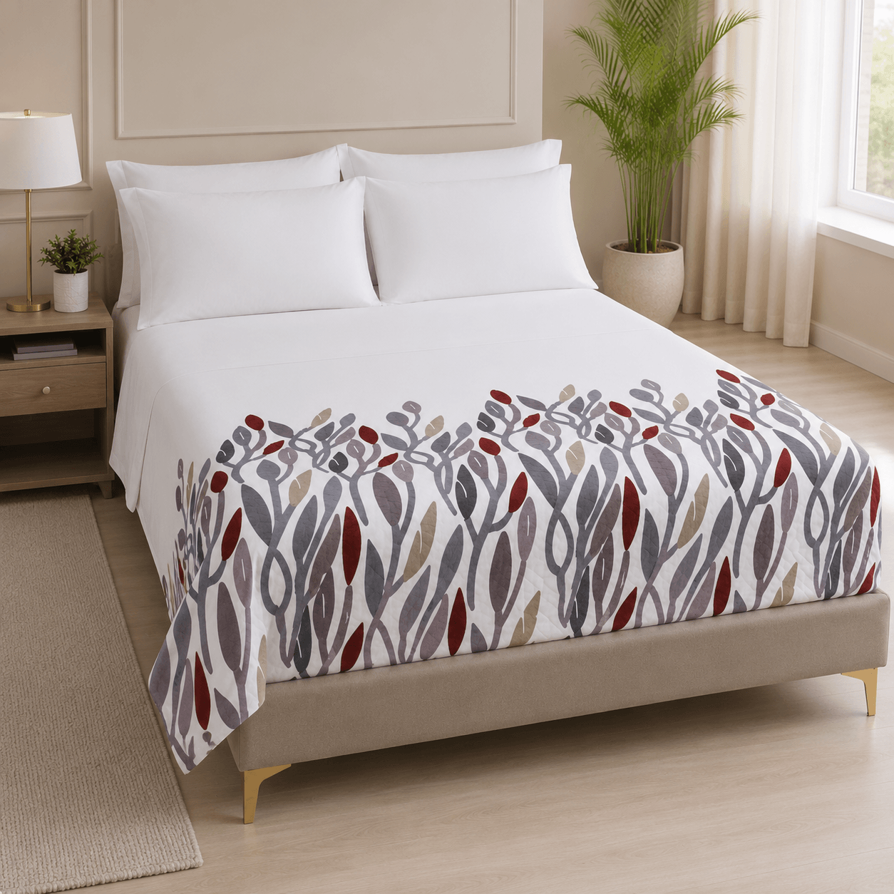 Aarniva Hotel Collection top sheet coverlet in autumn leaves design on a bed, showcasing soft and lightweight texture.