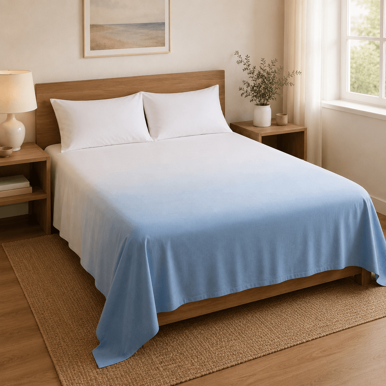 Aarniva Hotel Top Sheet Coverlet in Ombre Ocean style, soft and lightweight, perfect for Full XL, Queen, or King beds.