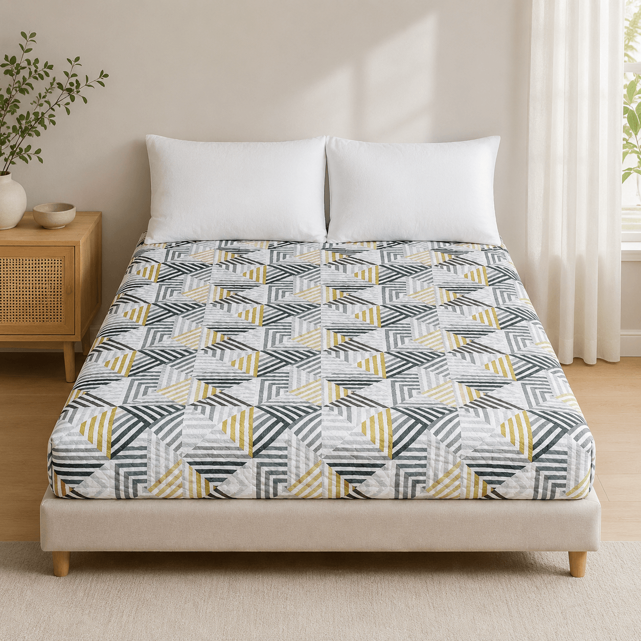Aarniva hotel top sheet coverlet on a bed with modern geo design in green, gray, and yellow colors, showcasing a stylish bedroom.