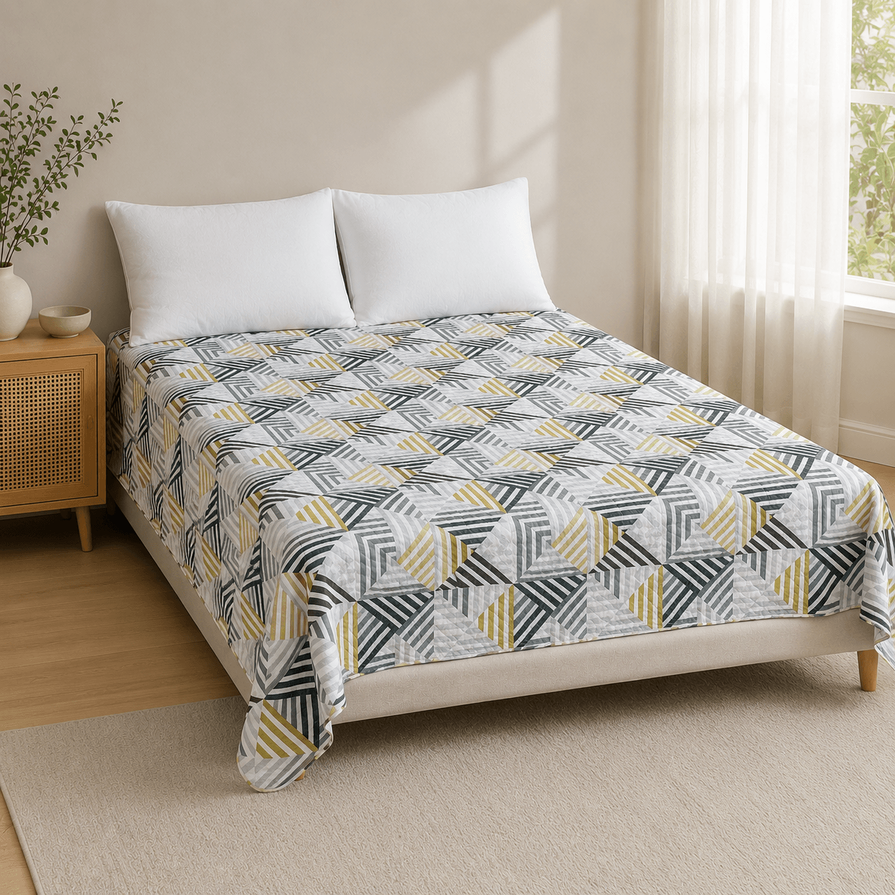Aarniva hotel top sheet coverlet in modern geo design on a bed with white pillows and natural decor.