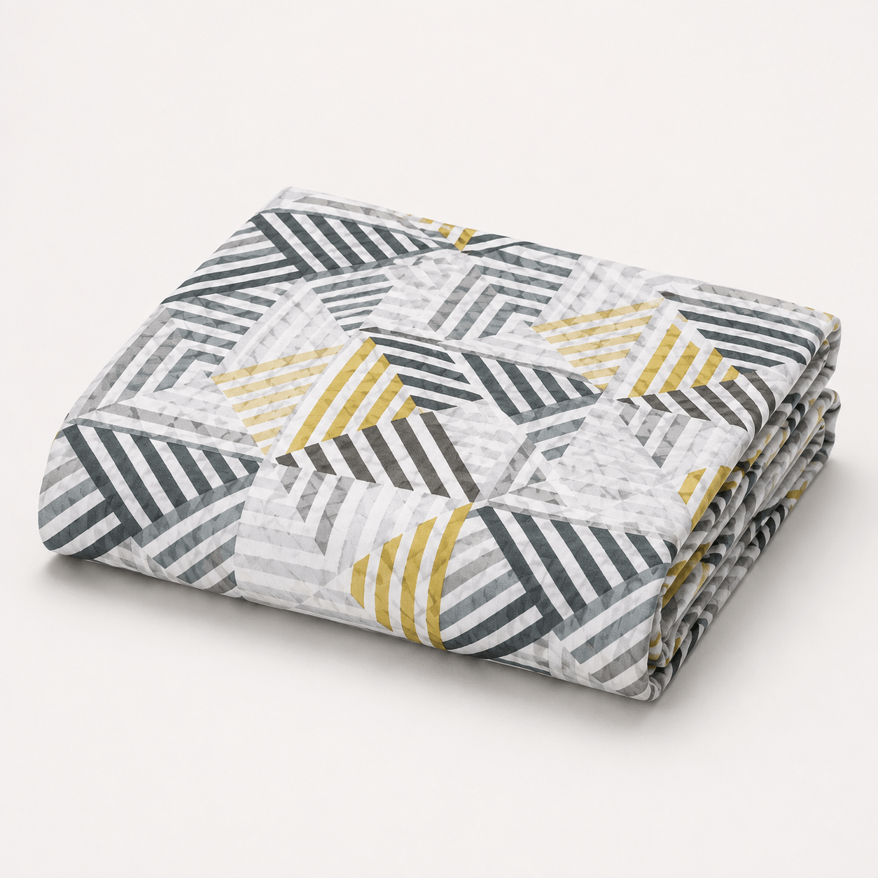 Aarniva hotel top sheet coverlet in modern geometric pattern with yellow, grey, and white hues, folded neatly.