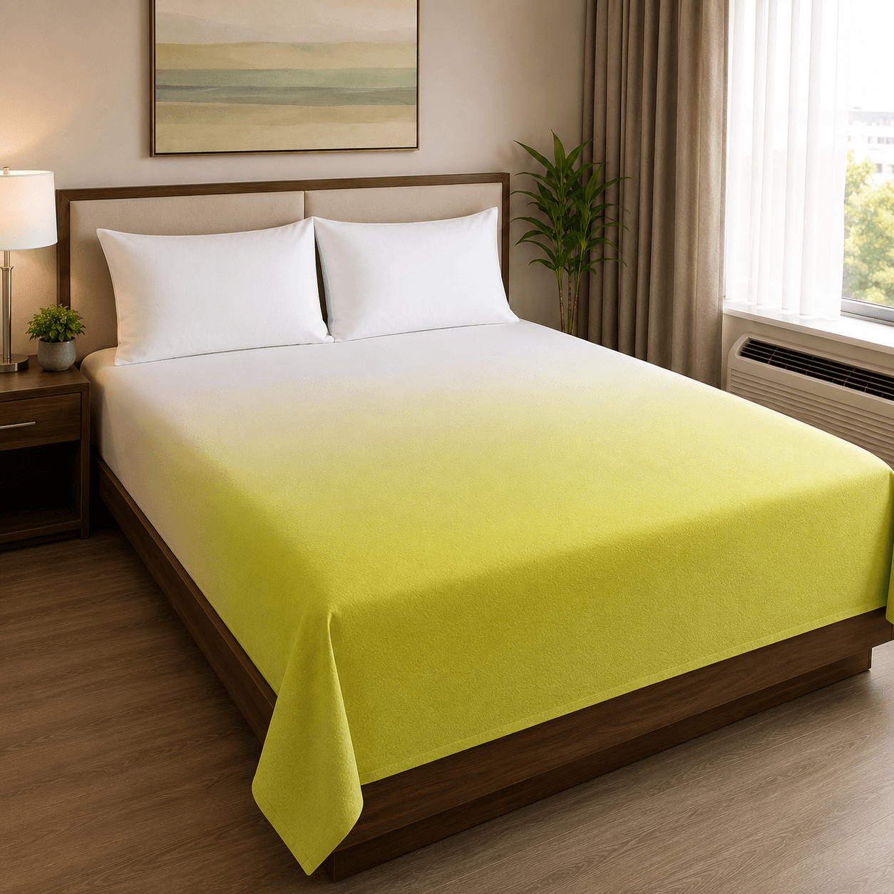 Aarniva hotel top sheet coverlet in ombre lime on a neatly made bed with white pillows and modern decor.
