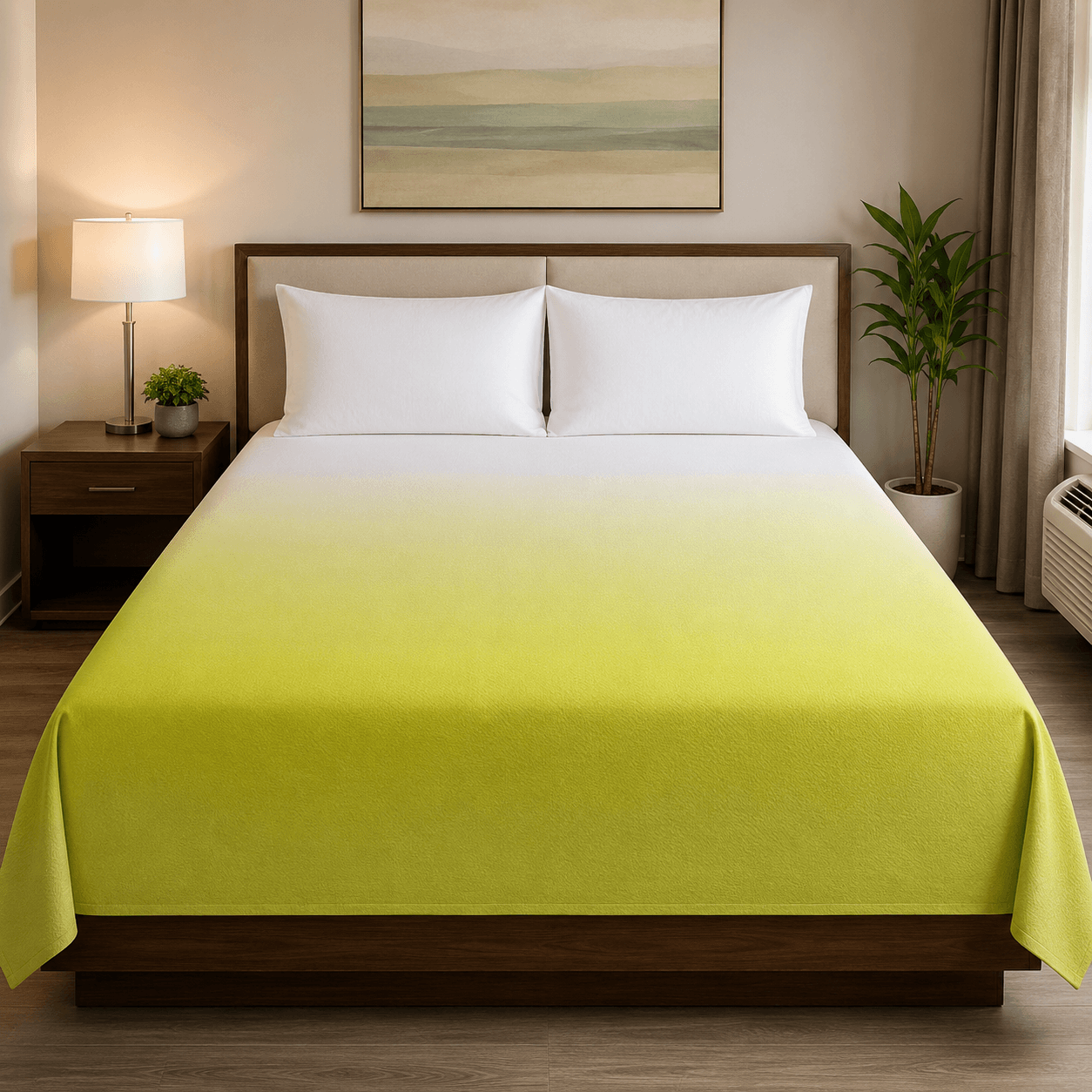 Aarniva hotel top sheet coverlet in ombre lime style on a neatly made bed with white pillows.