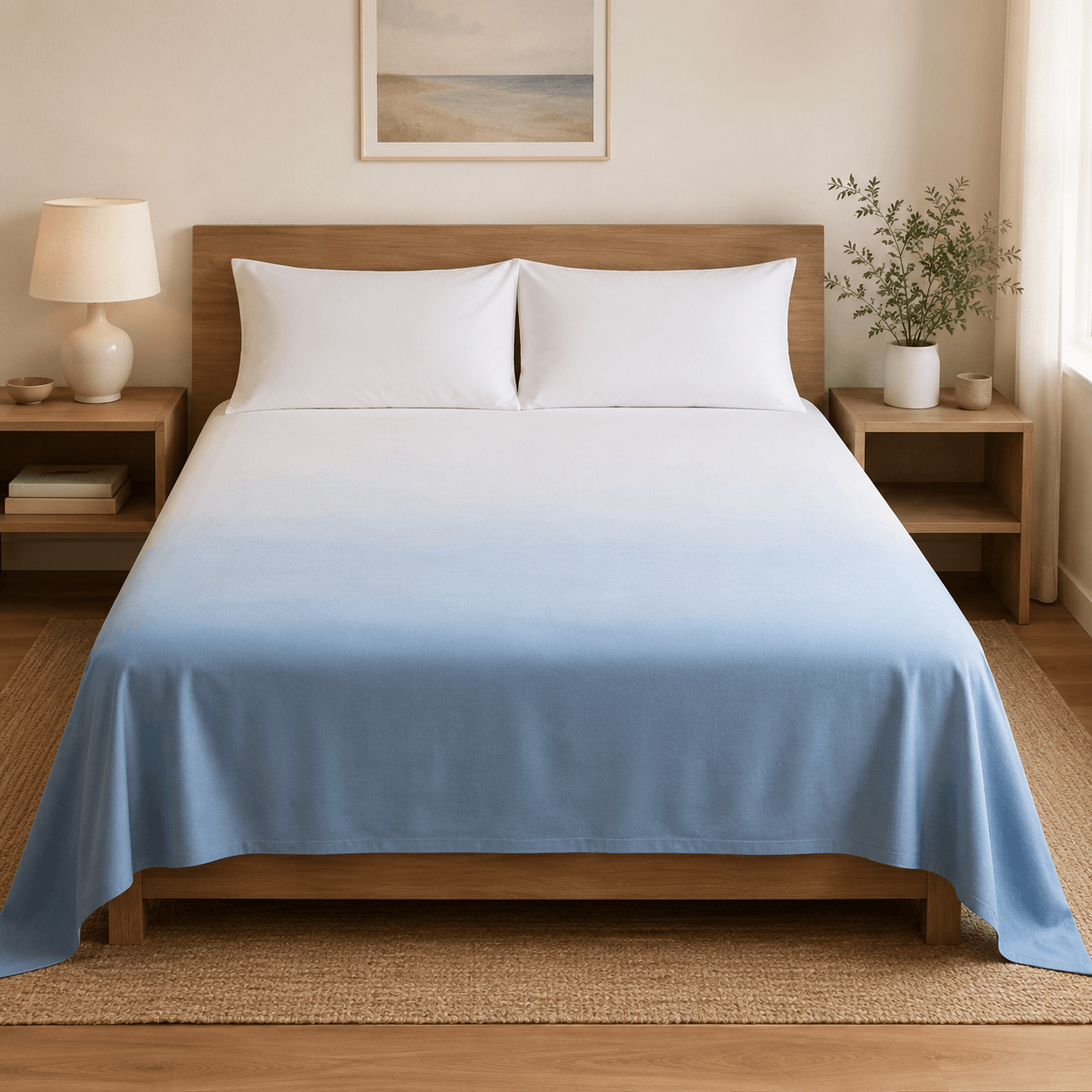 Aarniva Hotel Top Sheet Coverlet in Ombre Ocean over a bed with white pillows and wooden headboard, soft and lightweight design.