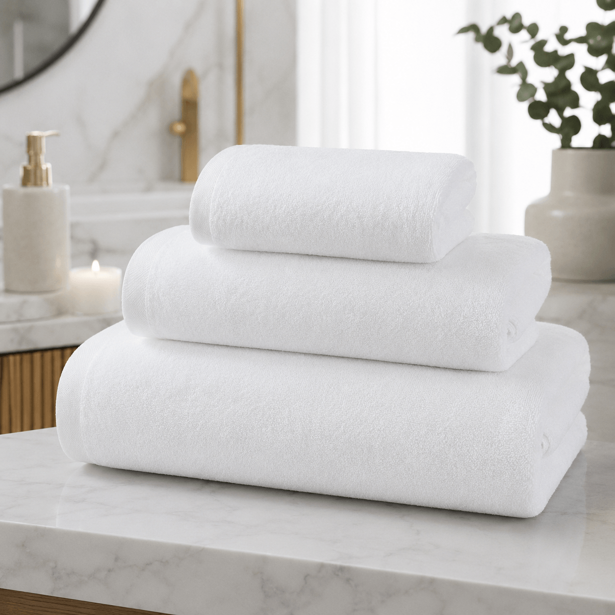 Aarniva Jacquard Cotton Hand Towel stacked on a marble surface, showcasing soft and absorbent features.