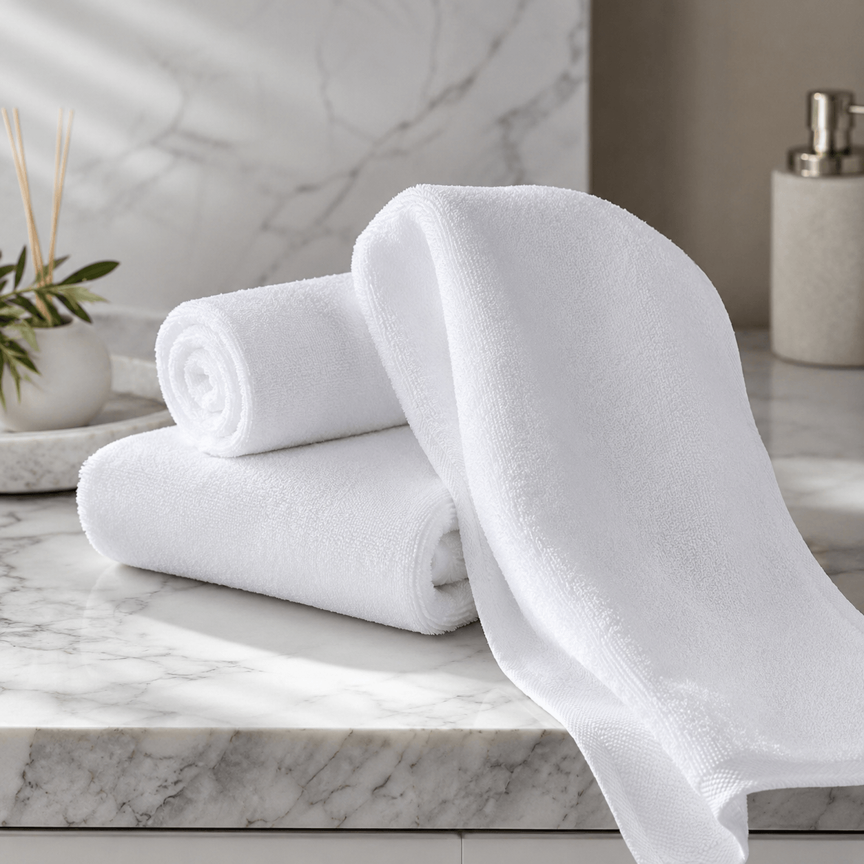 Aarniva jacquard cotton hand towel set displayed on a marble countertop, highlighting softness and absorbency.