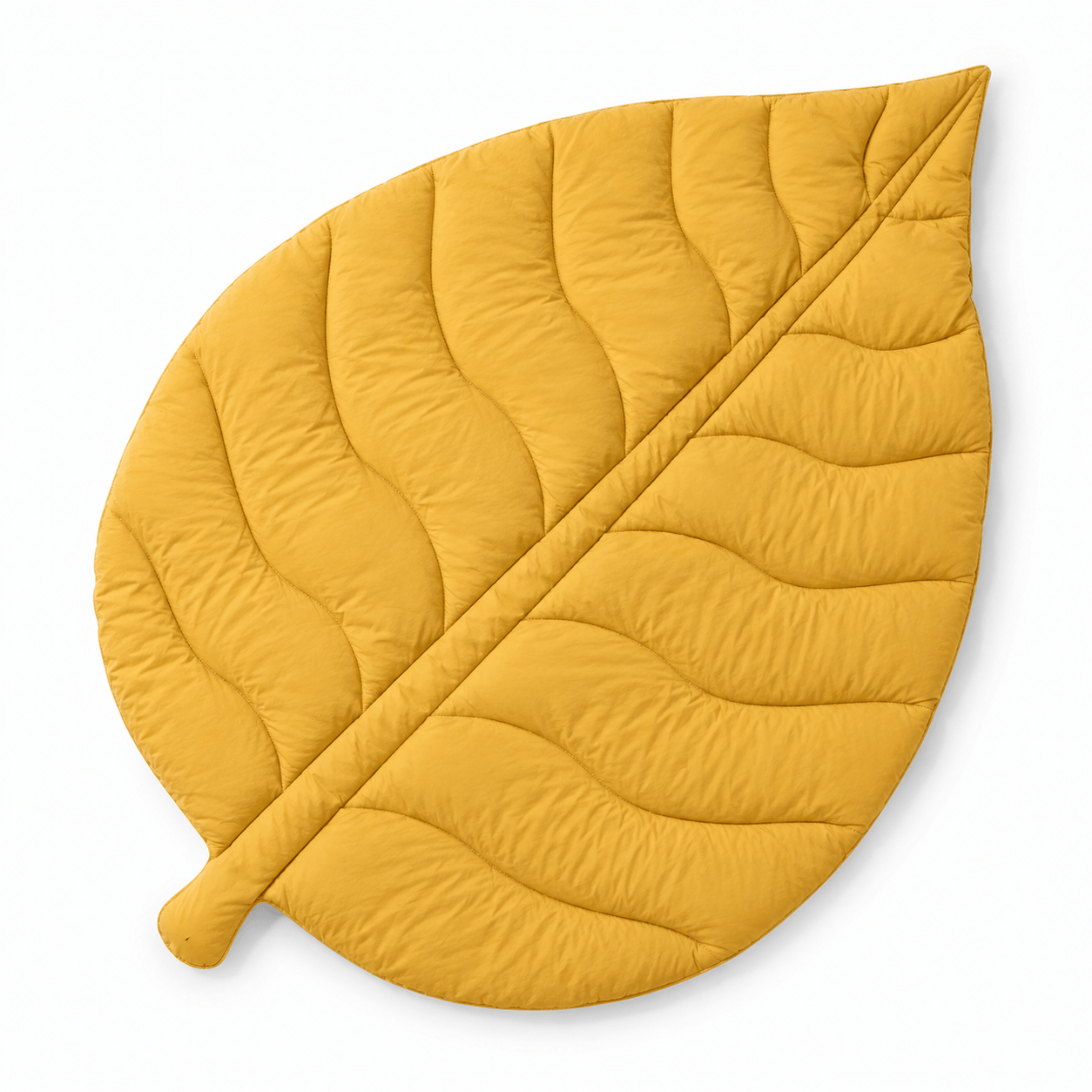 Aarniva leaf-shaped baby play mat in yellow color, quilted for softness and comfort, perfect for nursery decor.