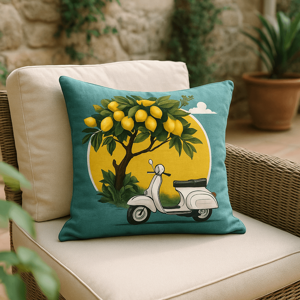 Aarniva decorative throw pillow square cushion with Lemon Vespa Ride design on teal cover, perfect for casual decor.
