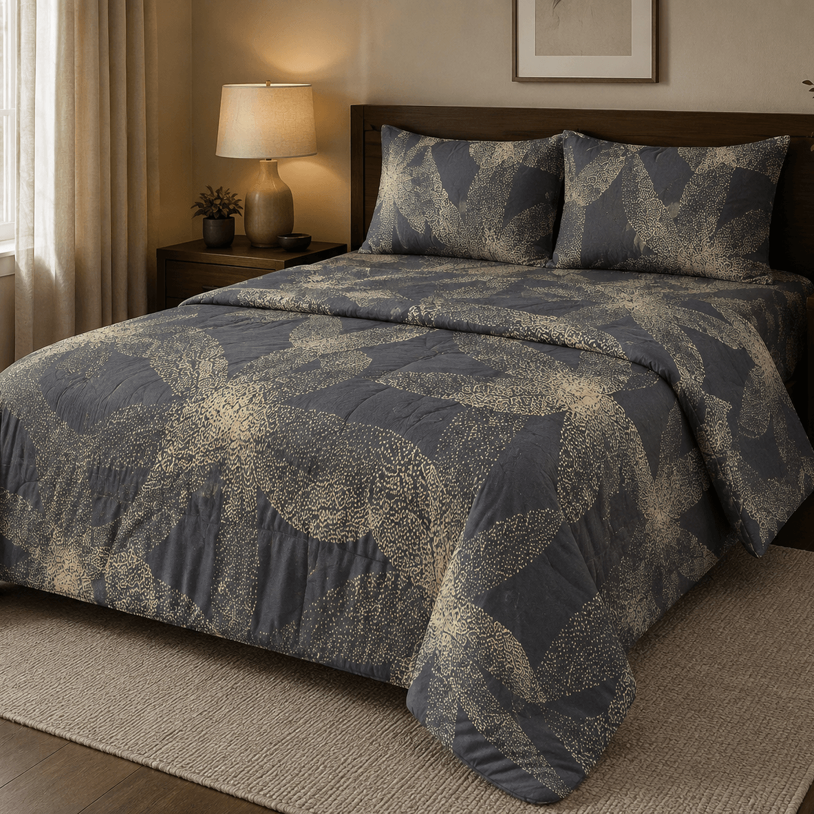 Aarniva breathable polyester comforter set in navy gold on a bed with decorative pillows and a lamp.