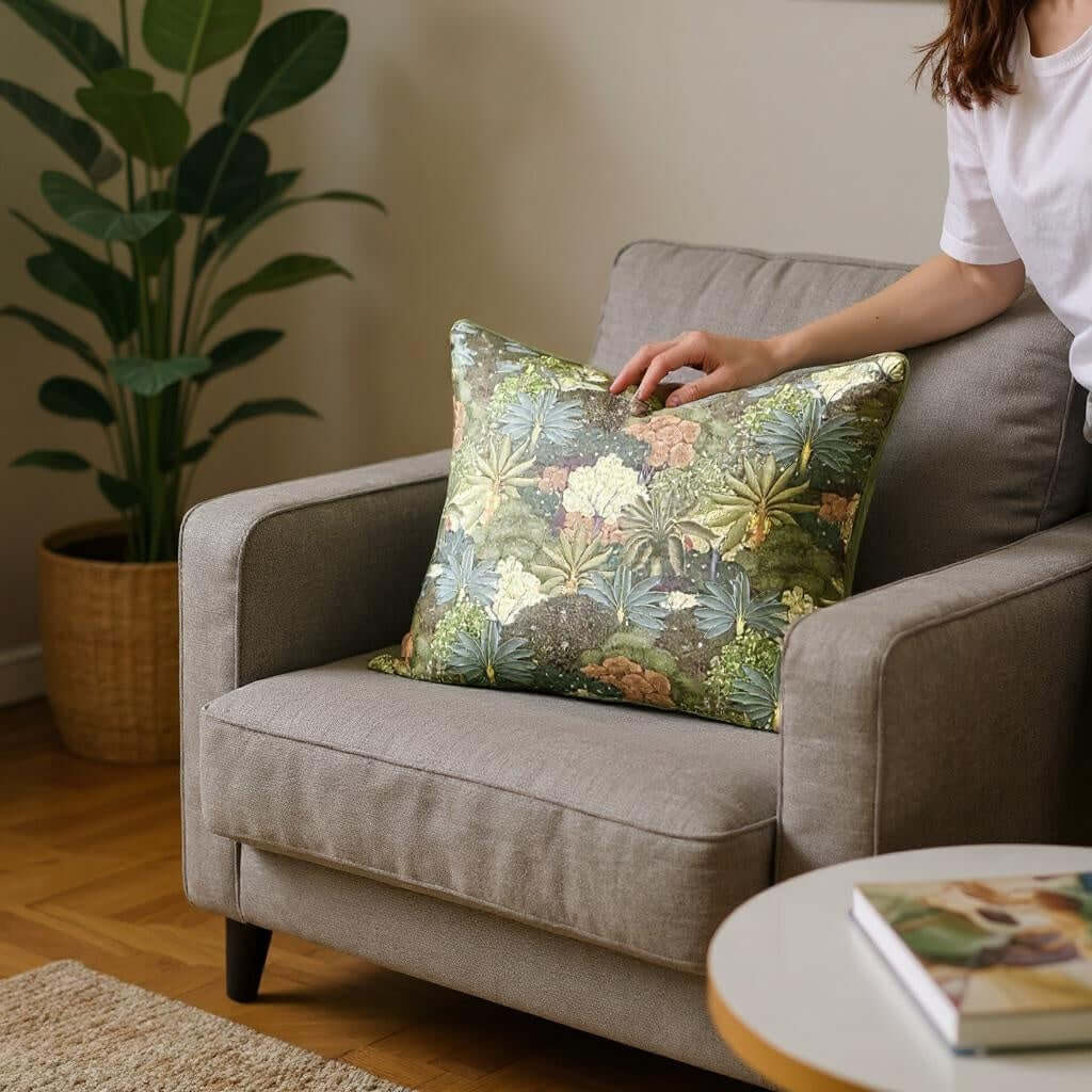 Aarniva Nature & Landscape Decorative Throw Pillow | Cotton Cover & Pillow Insert | Square Cushion | Scenic Collection on gray sofa