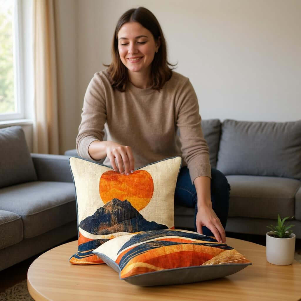 Aarniva nature landscape decorative throw pillow with sunset peaks design on a coffee table, enhancing home decor.