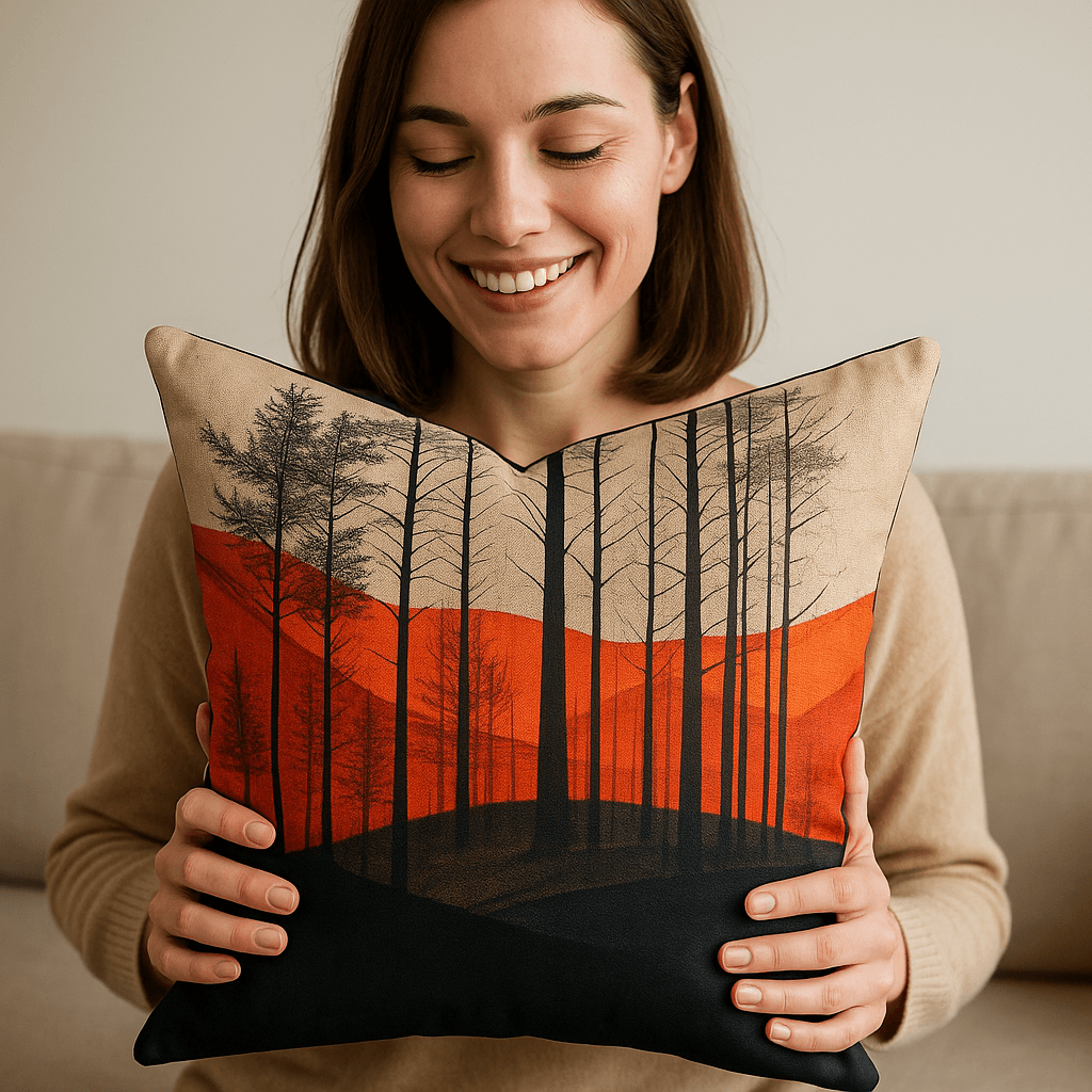 Aarniva nature landscape decorative throw pillow featuring forest sunset design, held by a smiling woman in a cozy setting.