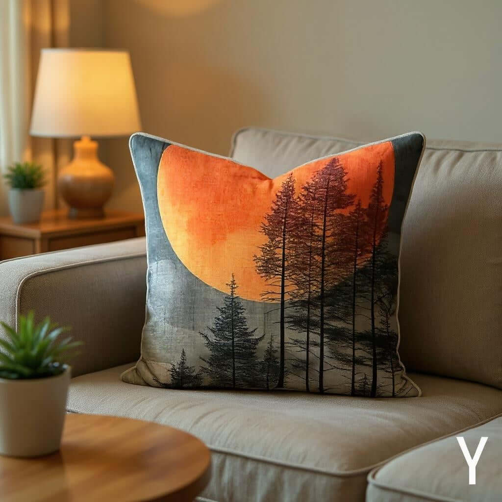 Aarniva nature landscape decorative throw pillow with sunset forest design, gray cover on sofa, adding cozy atmosphere
