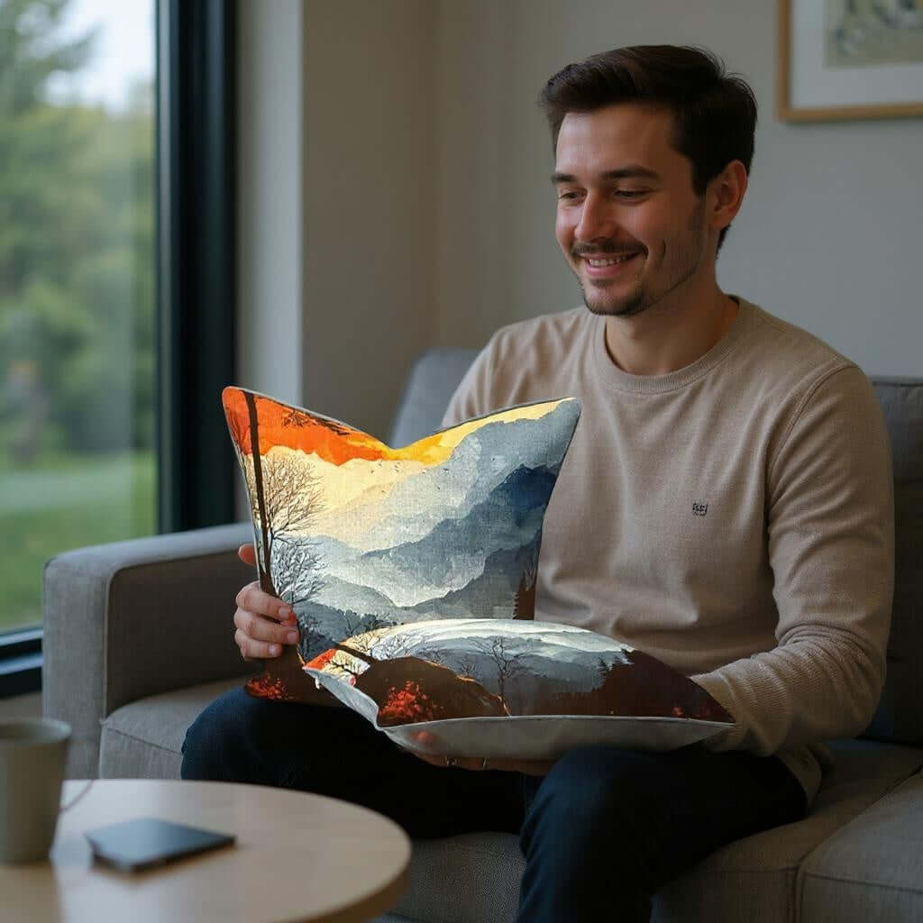 Man holding Aarniva nature landscape decorative throw pillow with watercolor mountains design in living room.