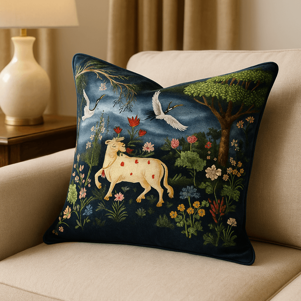 Aarniva Nature & Landscape Decorative Throw Pillow | Cotton Cover & Pillow Insert | Square Cushion | Scenic Collection - Night Forest Cow design on green cover.