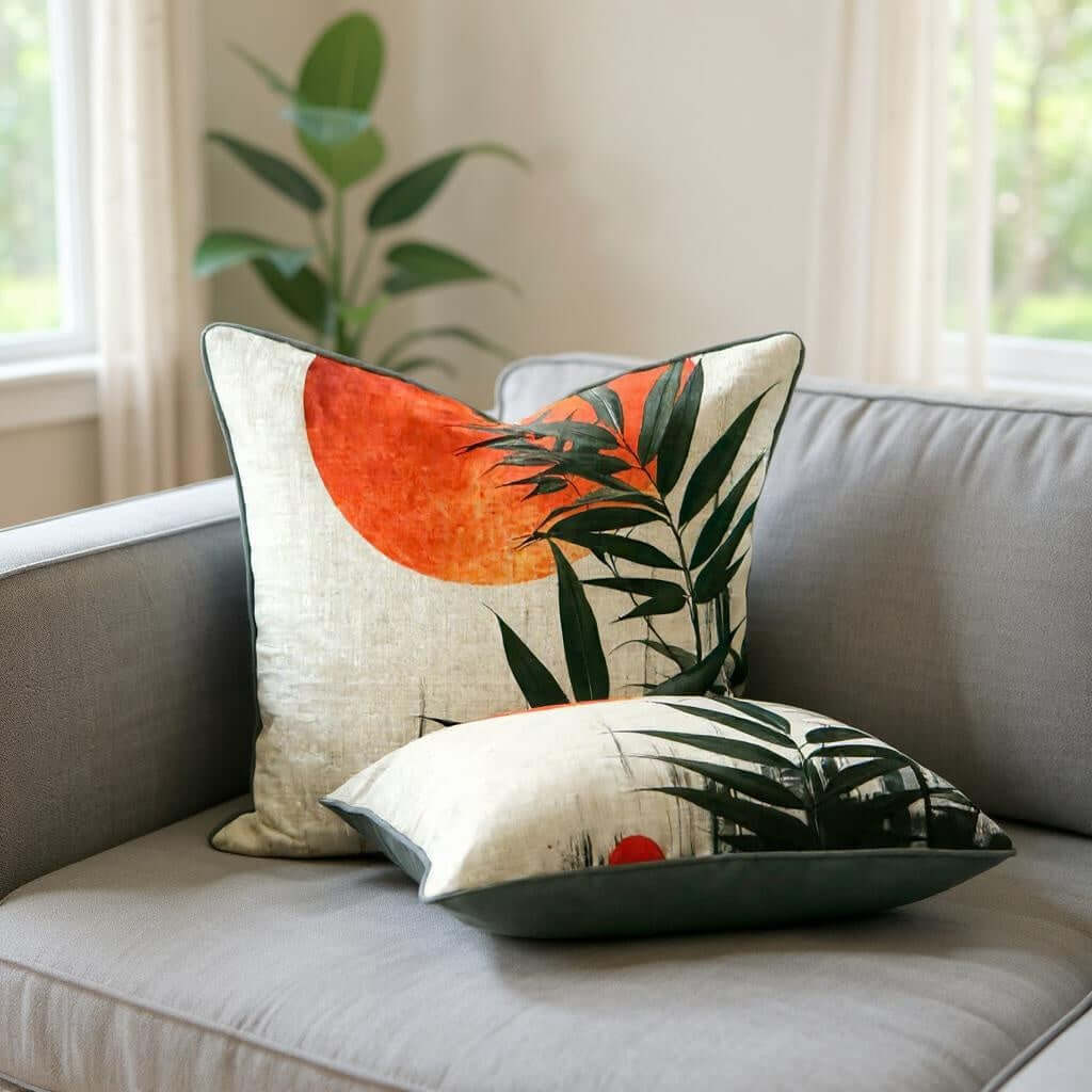 Aarniva nature landscape decorative throw pillow with tropical sunset palm design on a sofa.