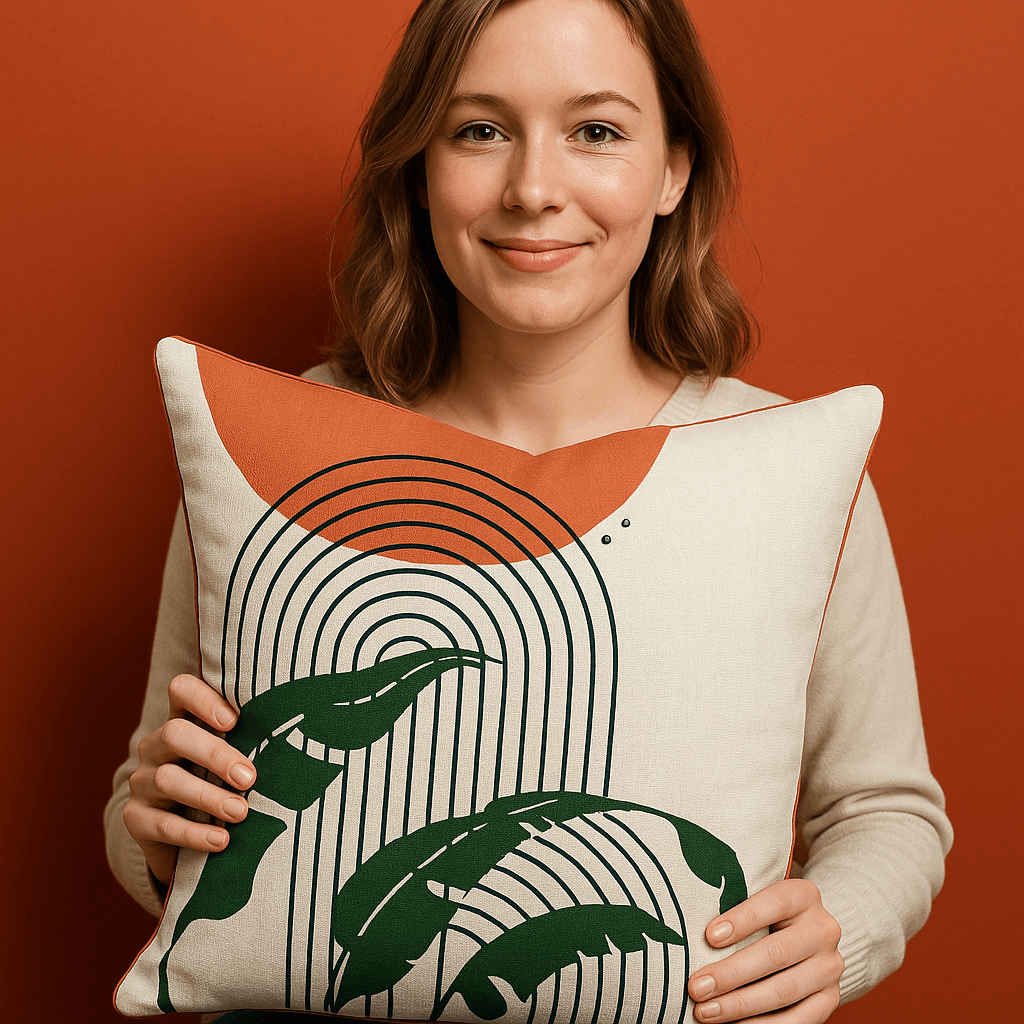 Aarniva Nature & Landscape Decorative Throw Pillow | Cotton Cover & Pillow Insert | Square Cushion | Scenic Collection held by a smiling woman.