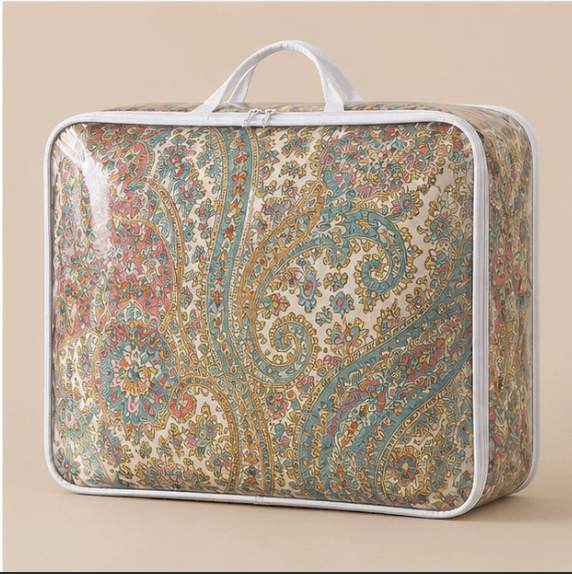 Pastel paisley comforter set storage bag featuring elegant paisley design and clear zippered closure.