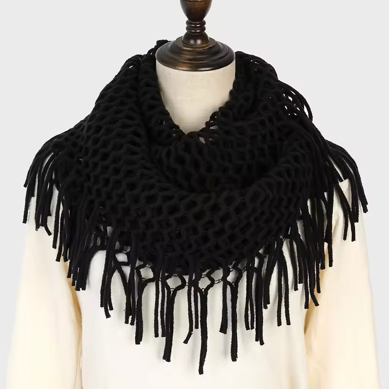 Aarniva plaid knitted loop scarf snood in black with fringe tassel design, lightweight and cozy for cool weather.