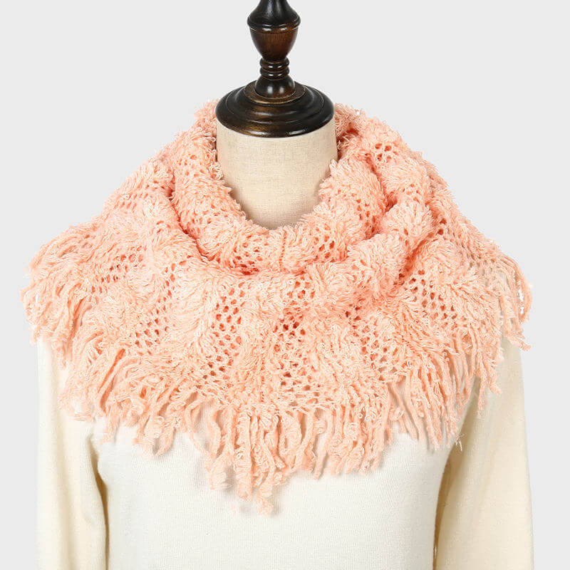 Aarniva plaid knitted loop scarf in peach color featuring fringes, soft acrylic fabric and lightweight cozy design.