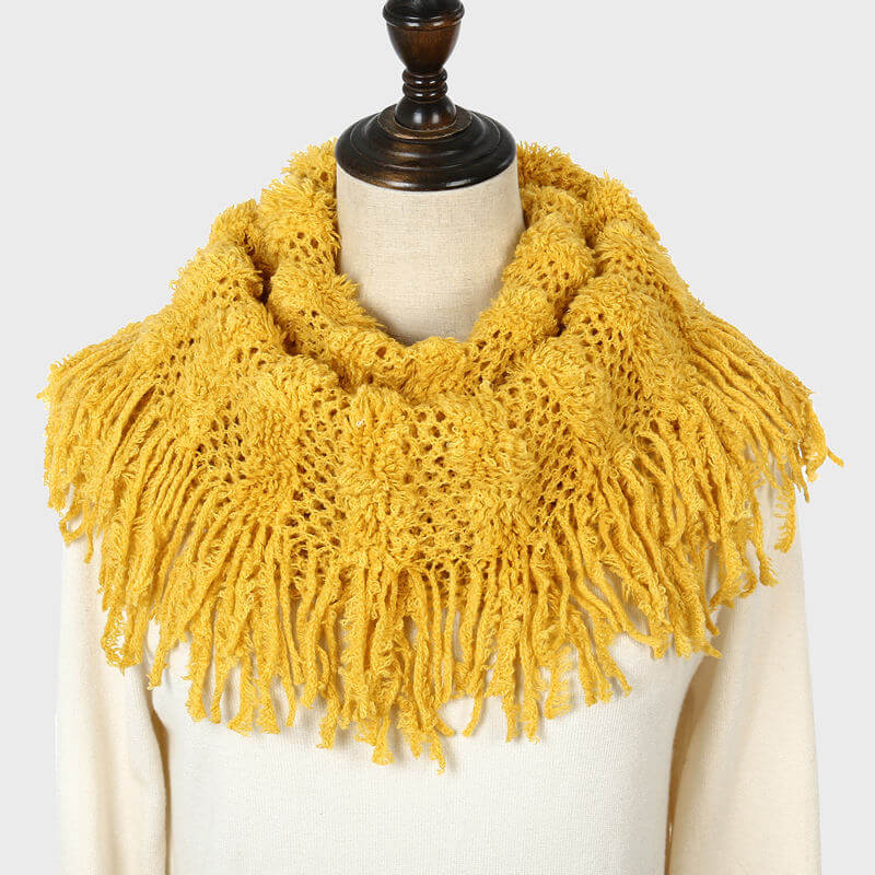 Aarniva Plaid Knitted Loop Scarf Snood | Infinity Neck Scarf | Soft Acrylic Fabric | Fringe Tassel Design | Lightweight & Cozy | 1-Piece in yellow.