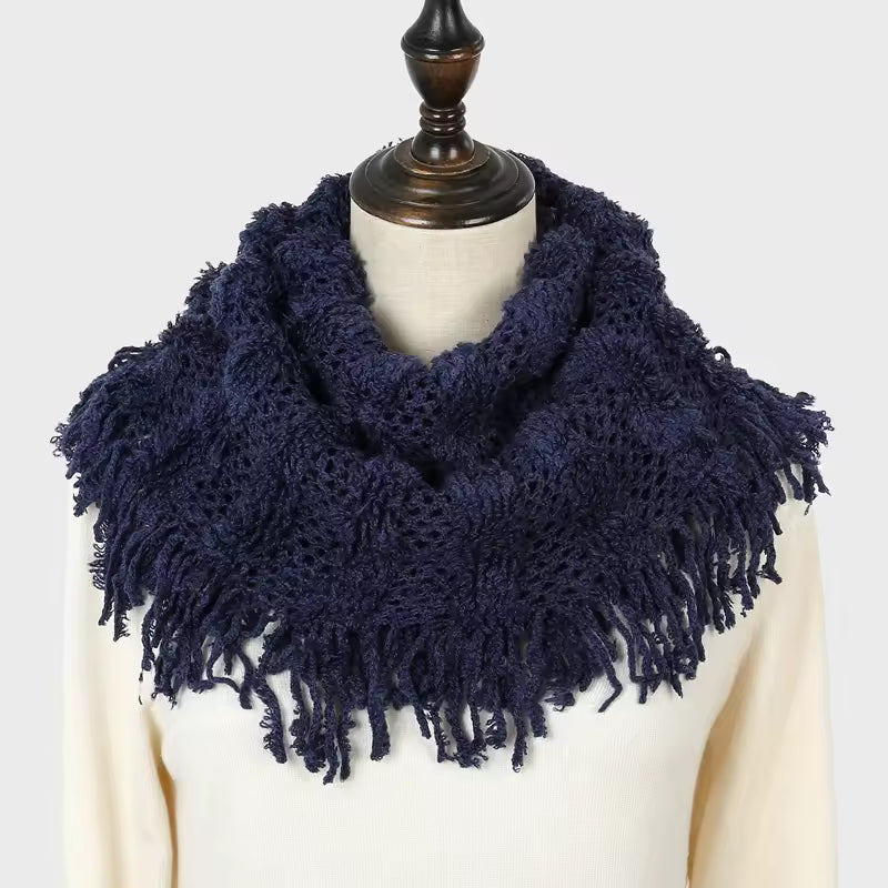 Aarniva Plaid Knitted Loop Scarf Snood | Infinity Neck Scarf | Soft Acrylic Fabric | Fringe Tassel Design | Lightweight & Cozy | 1-Piece in navy.