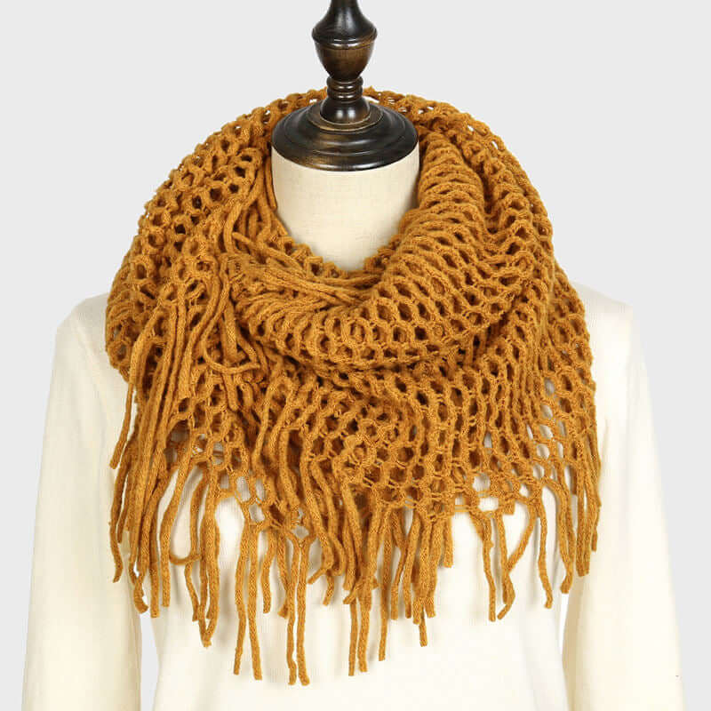 Aarniva plaid knitted loop scarf in mustard yellow with fringe tassel design, perfect for cozy autumn days.