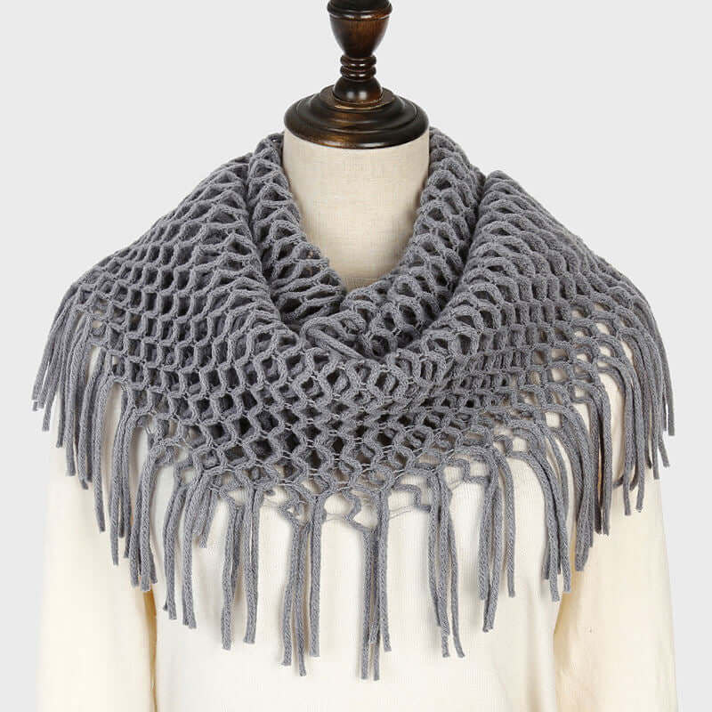 Aarniva plaid knitted loop scarf in soft grey acrylic with fringe tassel design, perfect for cozy autumn layering.