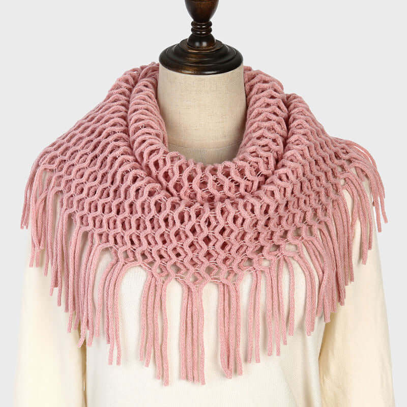 Aarniva plaid knitted loop scarf in pink, featuring a fringe tassel design, perfect for lightweight warmth and cozy style.