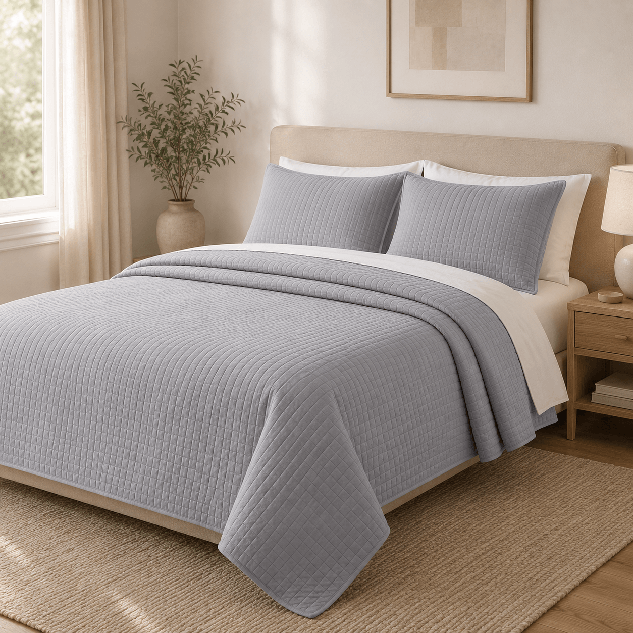 Aarniva Quilted Bedding set in cool grey color, showcasing a modern design with a soft, lightweight feel on a bed.