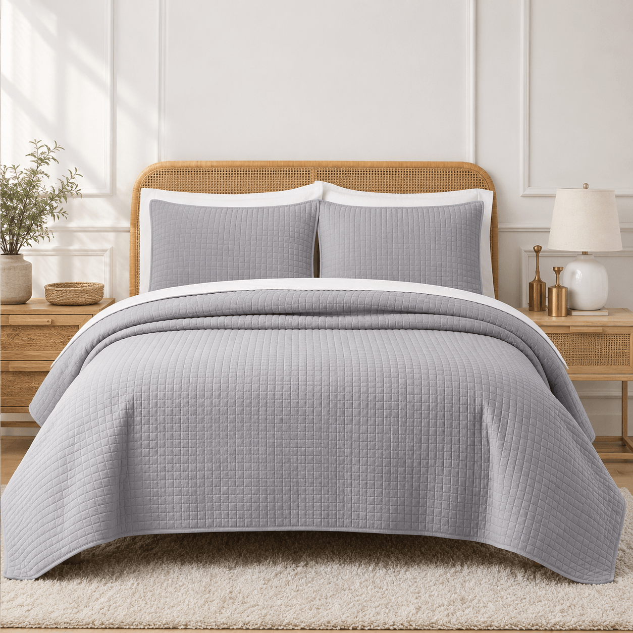 Aarniva cool grey quilted bedding set displayed on a king-size bed with matching pillows and a modern decor.